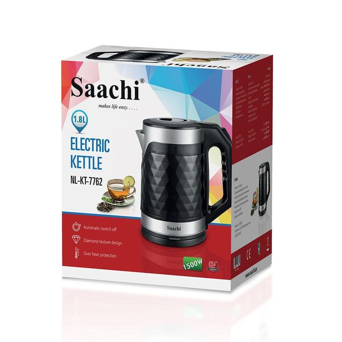 Saachi 1.8L Electric Kettle Double Wall NL-KT-7762 With Boil Dry Protection & Auto-Shut Off - Black & Silver (1 YR WRNTY)