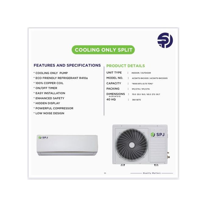 SPJ 9000 BTU Wall Split Air Conditioner R410a - White