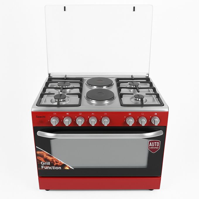 Saachi 90x60cm 4 Gas 2 Electric Cooker with Electric Oven NL-GAS-6364RD – Red & Silver