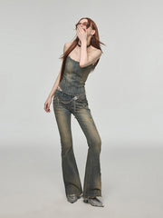 Vintage Washed Distressed Straight Leg Jeans