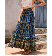 European American Summer Printed Loose Stitching Large Swing Skirt