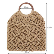 Popula Cotton Rope Hollow Straw Bag Sheer Macrame Tote wooden ring rattan handle Net Bag Vintage Retro Chic handbag