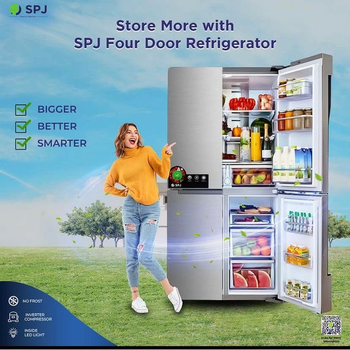 SPJ 559L 4 Door Elegant Glass Finish Refrigerator With Water Dispenser - Silver