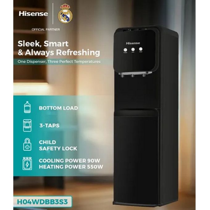 Black Hisense water dispenser with product features listed on a blurred background