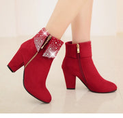 Rhinestone nubuck short heel women boots