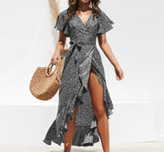 V-Neck Irregular High-Rise Lace-up Chiffon Print Skirt