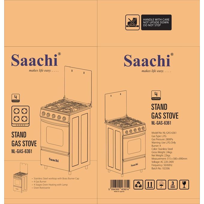 Saachi 50x50cm Full Gas Cooker with Gas Oven - Silver Black (2YRS WRNTY)