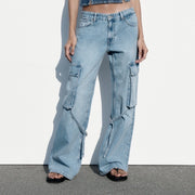 Women's Fashion Loose Strap Accessories Mid Waist Cargo Jeans