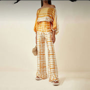 Summer Women's Clothing Printed Round Neck Loose Batwing Sleeve Waist Wide Leg Pants Fashion Casual Set