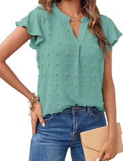 Women Summer V Neck Ruffle Short Sleeve Blouse Dot Flowy Shirt Top