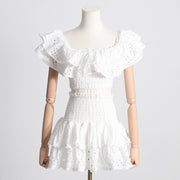 Seaside Vacation Style Two-piece Collar Short Ruffled Shirt High Waist Skirt Outfit