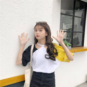 Design Contrast Stitching Off-The-Shoulder T-Shirt