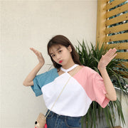 Design Contrast Stitching Off-The-Shoulder T-Shirt