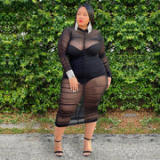 Plus Size Clothing Dresses for Women Long Sleeve Dress with Bodysuit Lining Sexy Mesh Bodycon Dress