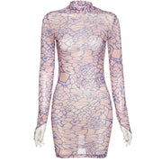 Simenual Digital Print Mesh Bodycon Dress Women Long Sleeve Finger Buckle Partywear Transparent Club Sexy Mini Dresses