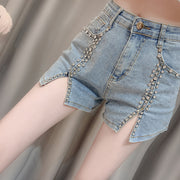 Summer Dress Celebrity Heavy Industry Nail Bead Inlaid Diamond Slim Split Stretch Jeans Women''s Shorts
