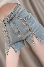 Summer Dress Celebrity Heavy Industry Nail Bead Inlaid Diamond Slim Split Stretch Jeans Women''s Shorts