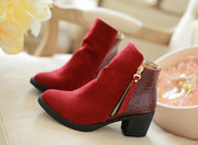 Rough leather low boots high heel women's boots side zip large size women's shoes