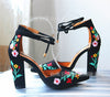 Womens Pumps Shoes Dorsay Ankle Strap Block High Heels Embroidery Flowers