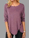 Spring And Summer Irregular Button Hem Long Sleeve Round Neck T-shirt