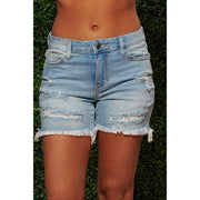 Ripped Fringed High Stretch Denim Shorts Women