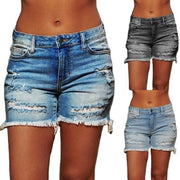 Ripped Fringed High Stretch Denim Shorts Women