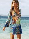 Women'S Wear Europe And America Sexy V-Neck Chiffon Long Sleeve Printed Beach Skirt Skirt