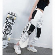 High Waist Letter Spliced Cargo Pants Women Loose Harajuku