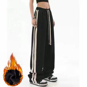 Brown American Retro Casual Pants Women's High Street Drawstring Velvet Padded Loose