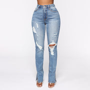 Split Jeans Women's, Blue Water Washed Hole High Waist