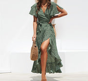 V-Neck Irregular High-Rise Lace-up Chiffon Print Skirt