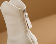 Genuine Leather Pointed Toe High Heel Boots Female White Chunky Heels