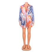 Sexy Women Printed Pleated Skirt Long Sleeve Short Skirt