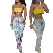 Denim Trousers Sequined Printed Ripped Five-pointed Star Jeans