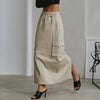 Women's Fashion Drawstring Elastic Waist Double Pocket Cotton High Waist Skirt