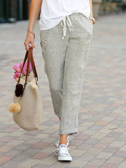 Drawstring elastic waist cotton and linen pants