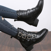 Women's Fashion Belt Buckle Flat Heel Mid-calf Chunky Heel Round Head Dr Martens Boots