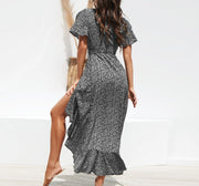 V-Neck Irregular High-Rise Lace-up Chiffon Print Skirt