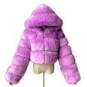 Short hooded faux fur long sleeve coat