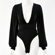 Women's sexy long-sleeved deep V waist pleated temperament bodysuit
