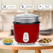 SPJ 2.2 Liter Electric Rice Cooker With Steamer, Stainless Steel Lid, Non-Stick Aluminium Inner Pot, Automatic Keep Warm Function- Red
