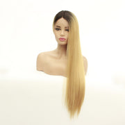 Long straight hair synthetic front lace wig headgear