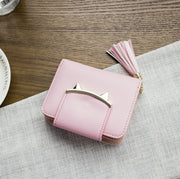 Cute Cat Ears Leather Short Tassel Women Wallet Small Day Clutch Trifold Female Purse ID Coin Card Holder Mini Bag