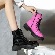 European And American Patent Leather Mid Heel Round Toe Short Motorcycle Boots