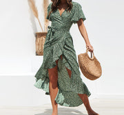 V-Neck Irregular High-Rise Lace-up Chiffon Print Skirt