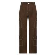 Women's Brown Straight Pants Cargo Style Multi Pocket Retro Low Waist