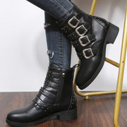 Women's Fashion Belt Buckle Flat Heel Mid-calf Chunky Heel Round Head Dr Martens Boots