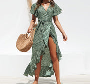 V-Neck Irregular High-Rise Lace-up Chiffon Print Skirt