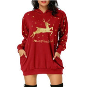 Christmas printed mid-length pocket hooded long-sleeved sweater