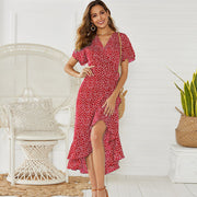 V-Neck Irregular High-Rise Lace-up Chiffon Print Skirt